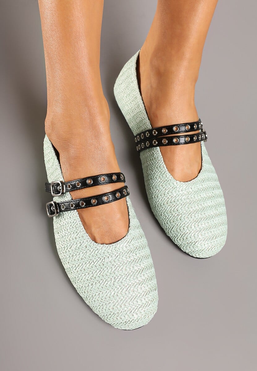 Zielone Balerinki z Tweedowym Akcentem i Dwiem Sprzączkami Gavirna