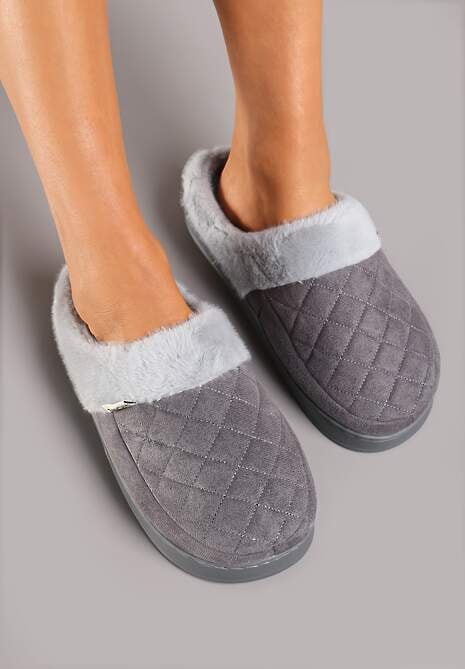Szare Kapcie Futrzane Vices z Wkładką ze Skóry Naturalnej na Niskiej Platformie Ellisen