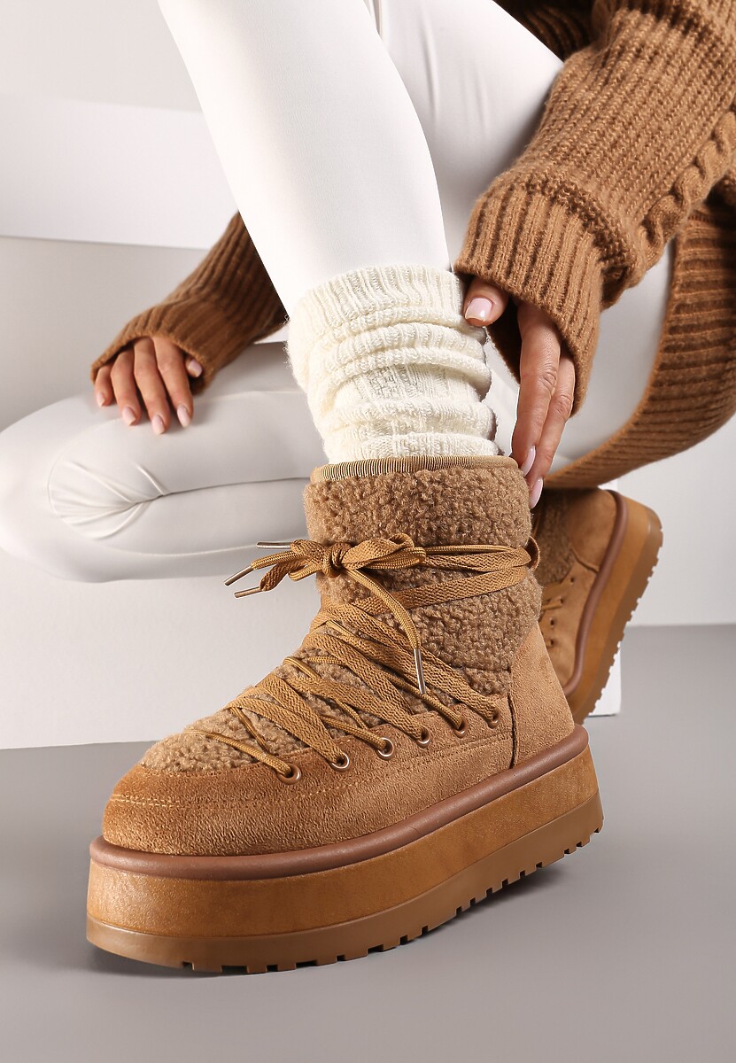 Brązowe Śniegowce na Platformie Ozdobione Sznurowaniem Sinessia