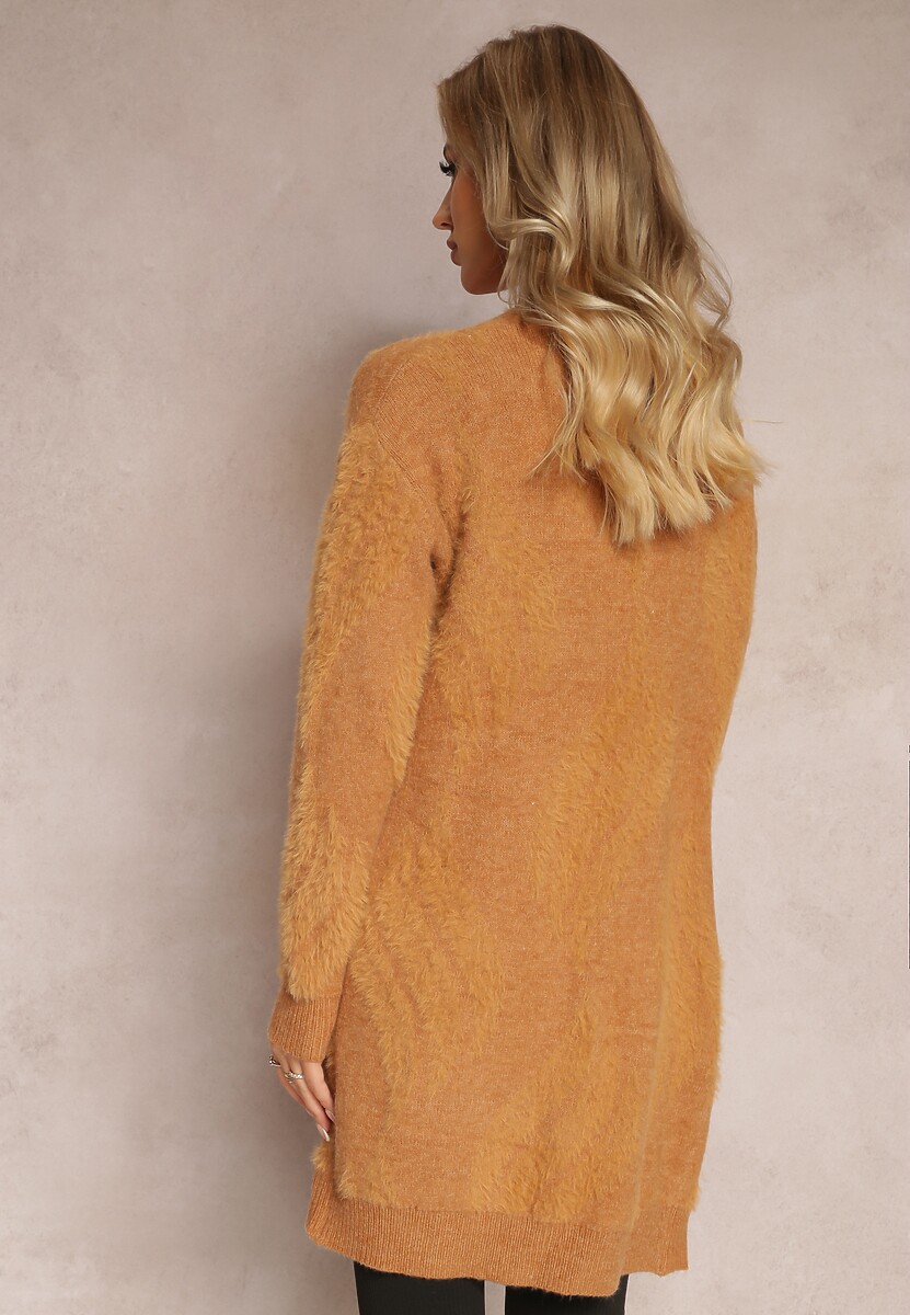 Ciemnobeżowy Luźny Kardigan Niezapinany z Dłuższym Włosiem Karsta