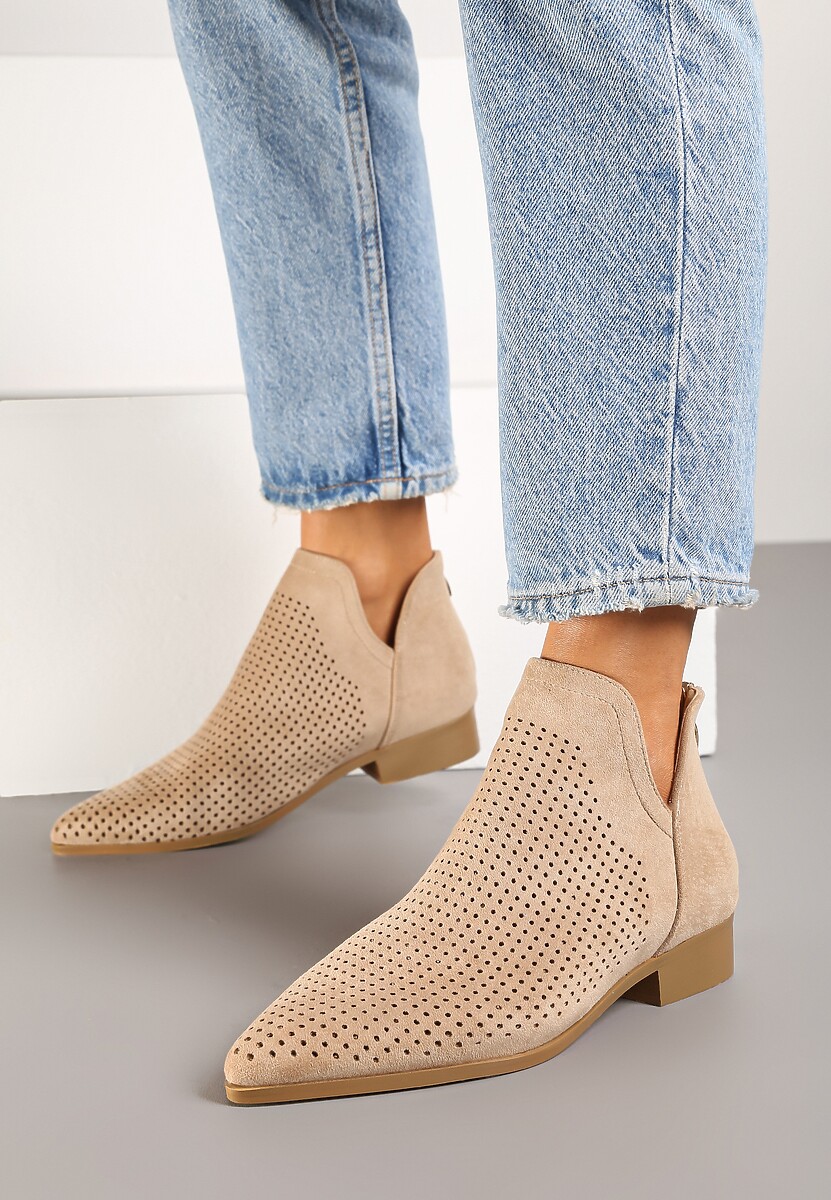 Beżowe Płaskie Botki Vices z Ażurową Cholewką Ozdobione Wycięciem Selanis