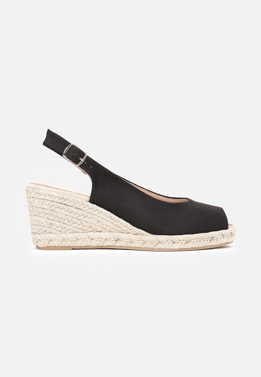 Czarne Sandały na Plecionej Koturnie Evetra