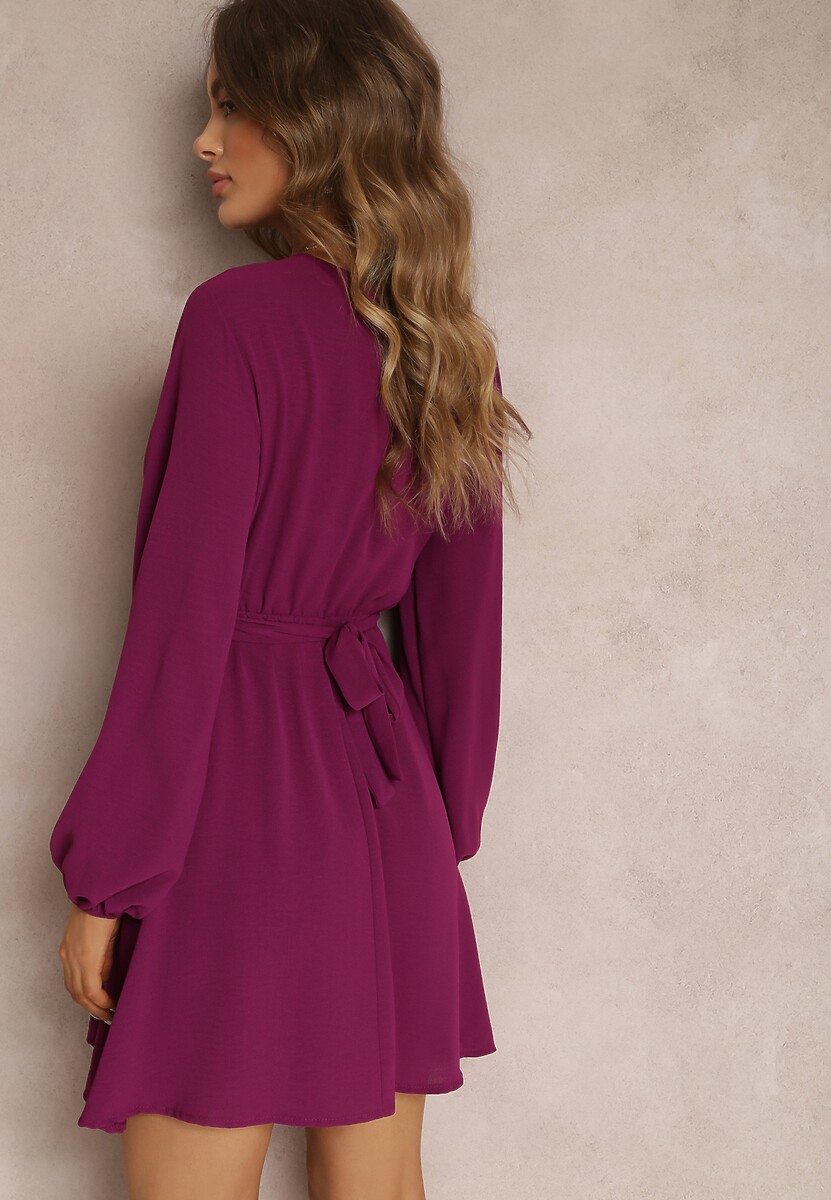 Fioletowa Sukienka Rozkloszowana z Gumką w Pasie Thelo