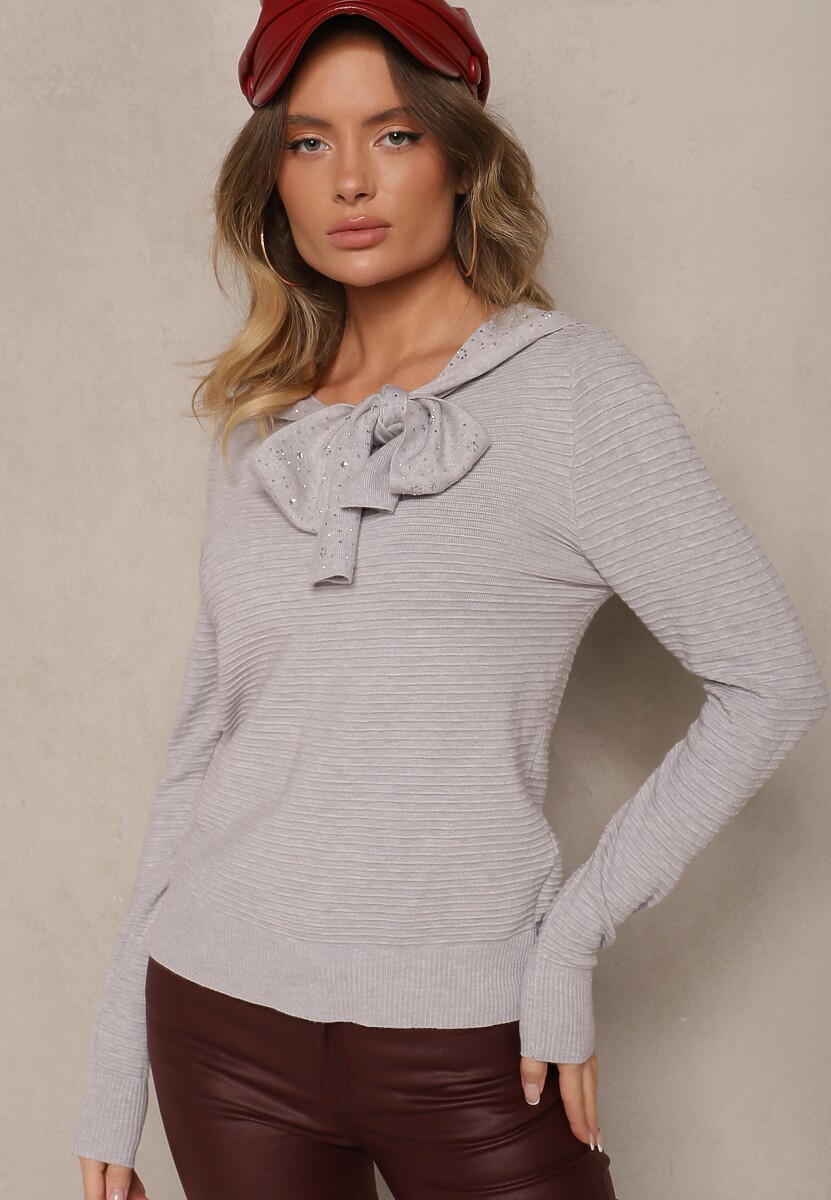 Ciemnoszary Sweter z Prążkowanej Dzianiny z Wiskozą Ozdobiony Cyrkoniami i Wiązaniem Tintorinae