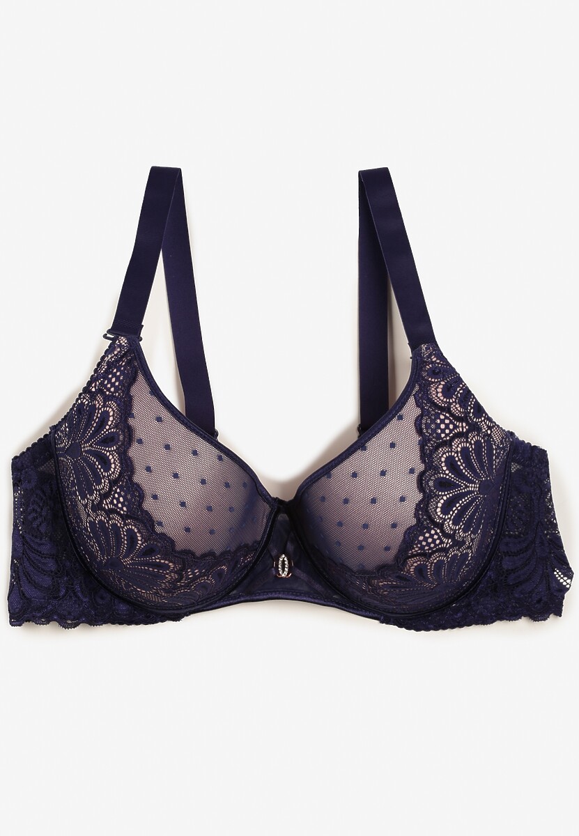 Granatowy Biustonosz Full Cup Pokryty Koronką Hiacinthia