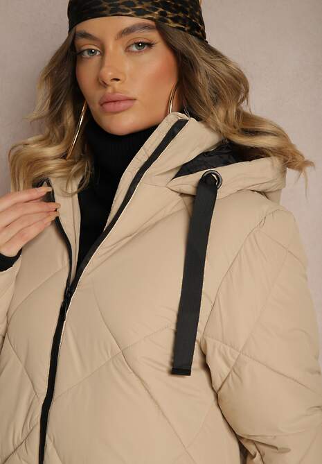 Ciemnobeżowa Pikowana Kurtka z Przeszyciem w Kratę Kapturem i Kieszeniami Zenetta