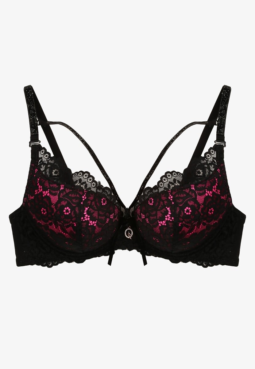 Czarno-Fuksjowy Koronkowy Biustonosz z Cyrkoniami i Efektem Push-Up Ivantia