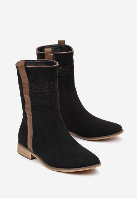 Czarne Płaskie Botki Ozdobione Haftem i Paskiem Boho Milosva