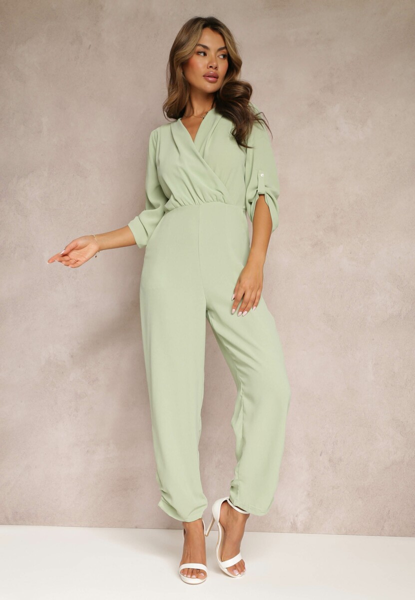 Zielony Długi Kombinezon z Marszczeniem i Kopertowym Dekoltem Jonitta