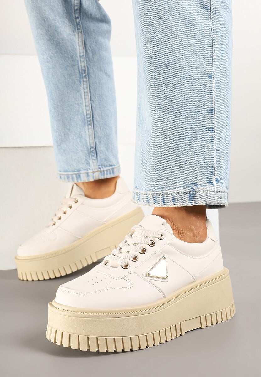 Beżowe Sneakersy na Platformie z Tłoczeniem Halinea