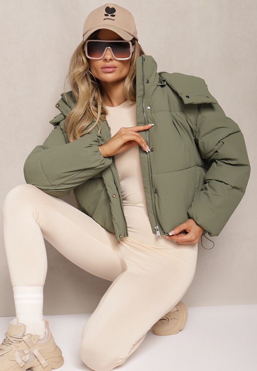 Ciemnozielona Kurtka z Pikowaniem i Odpinanym Kapturem oraz Wysokim Kołnierzem Merians