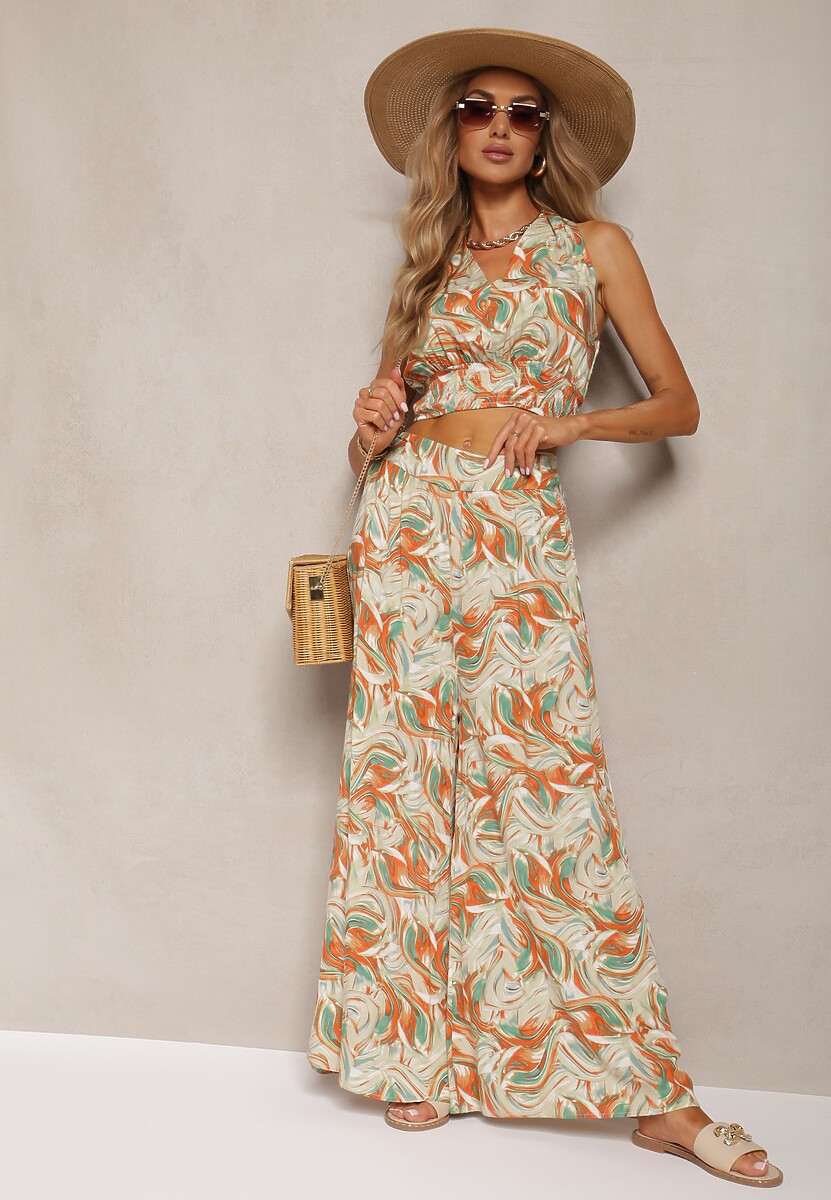 Zielony Komplet Boho z Bawełny Krótki Top na Ramiączkach z Gumką Szerokie Spodnie Rasida