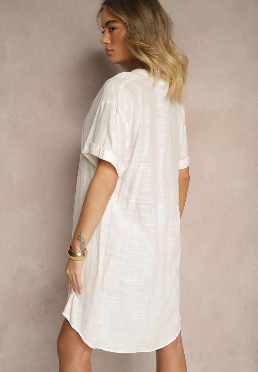Biała Sukienka z Bawełny o Pudełkowym Kroju z Dużymi Guzikami Elanorella