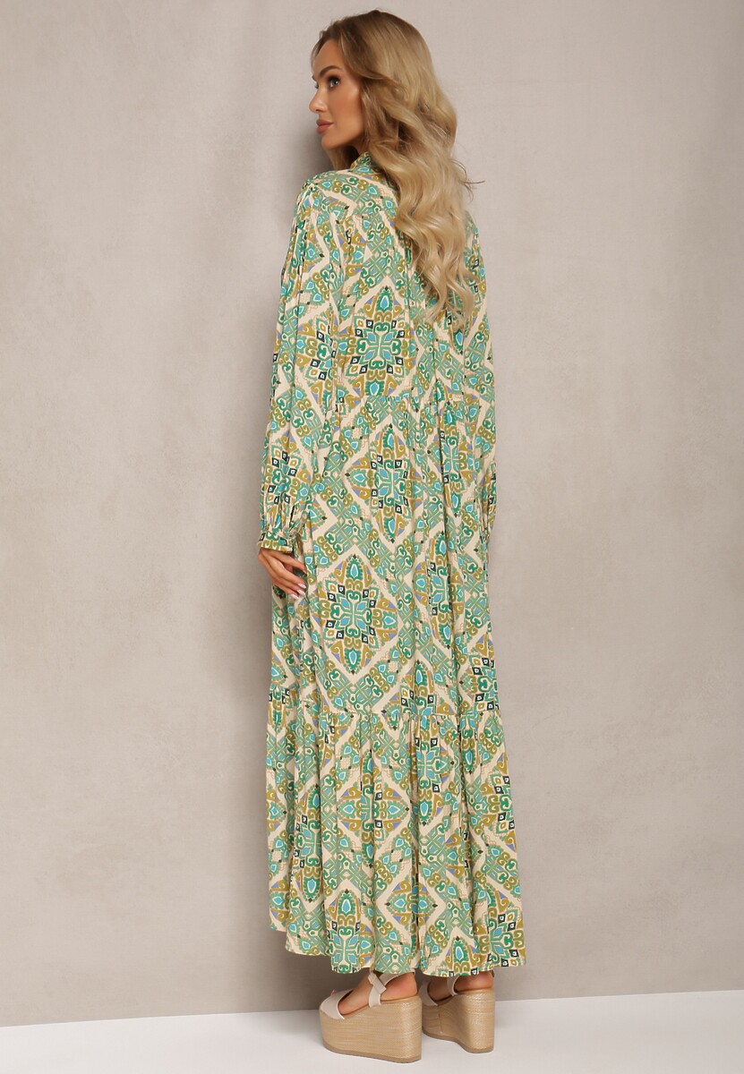 Zielona Wiskozowa Sukienka o Rozkloszowanym Kroju z Falbanką i Guzikami Orines