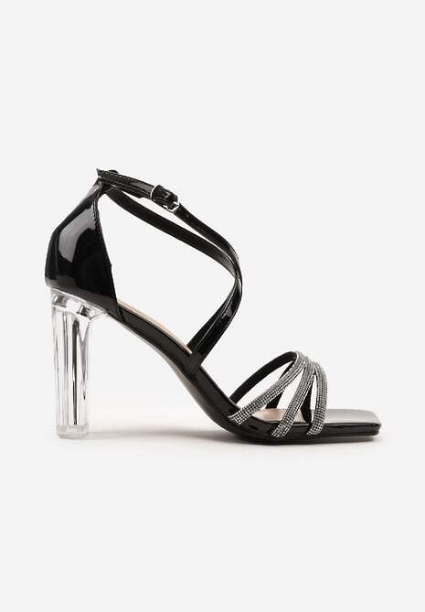 Czarne Sandały na Transparentnym Słupku z Cyrkoniami Zapinane przy Kostce Tesaie