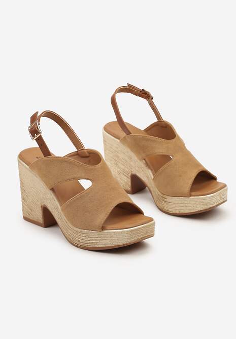 Brązowe Sandały z Imitacji Zamszu na Ozdobnym Słupku i Platformie Effiah