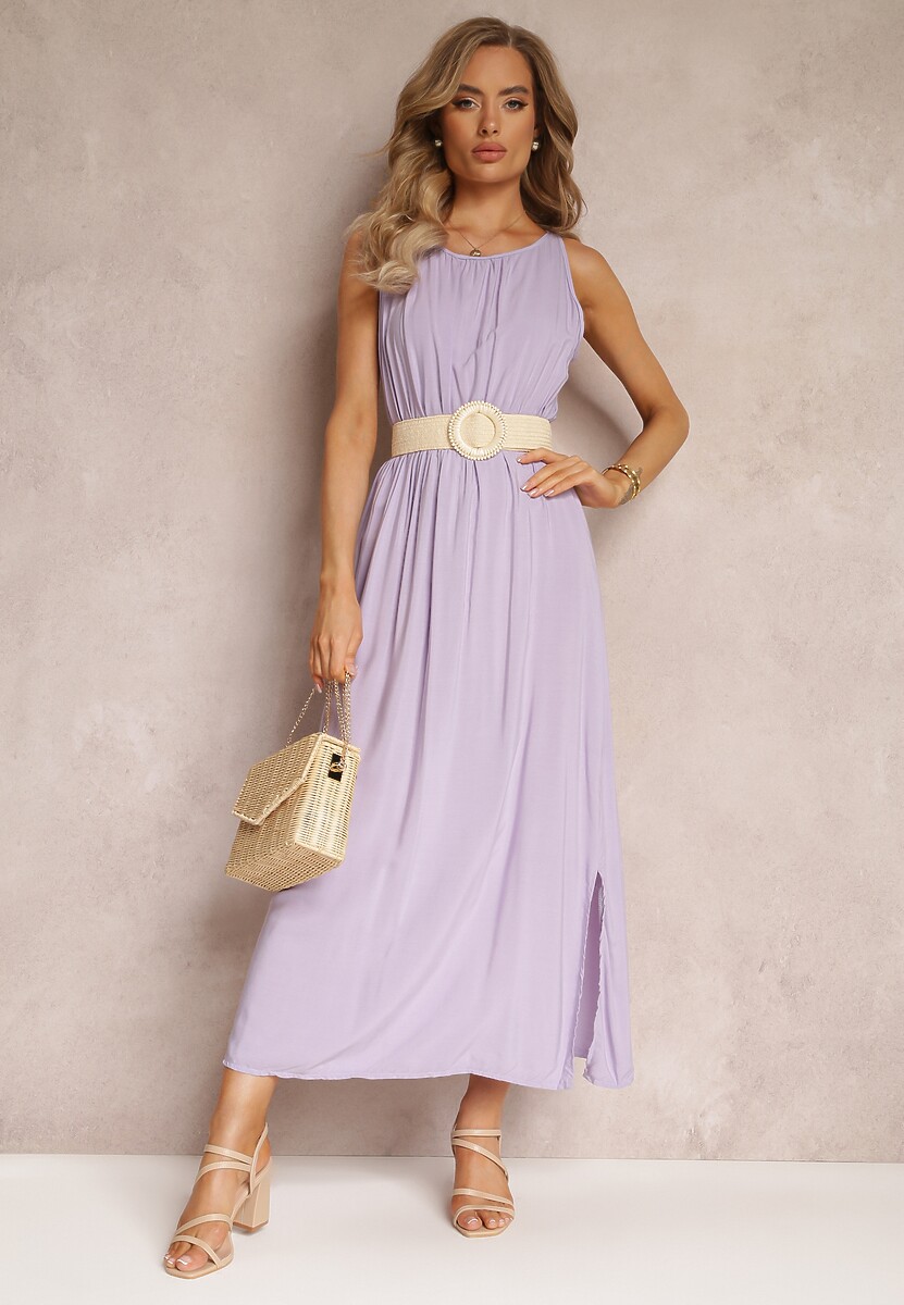 Fioletowa Wiskozowa Sukienka z Gumką w Talii Na Ramiączkach Suzias