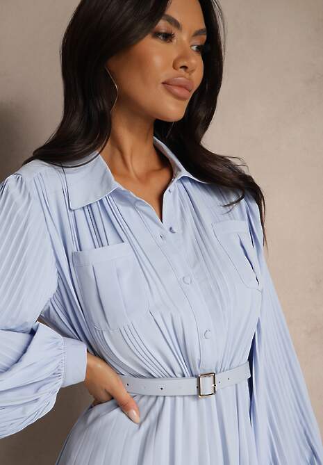 Niebieska Rozkloszowana Sukienka Midi z Guzikami i Paskiem Ozdobiona Plisowaniem Lathori