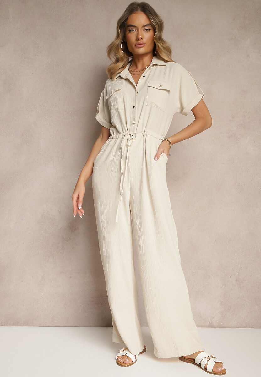 Jasnobeżowy Koszulowy Kombinezon z Krótkim Rękawem Wiązany w Pasie Maraisla