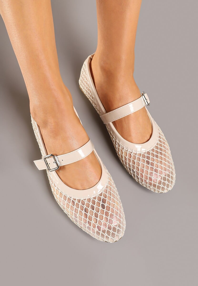 Beżowe Siateczkowe Balerinki w Stylu Mary Jane Annivira