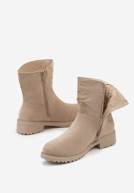 Ciemnobeżowe Botki z Imitacji Zamszu z Marszczoną Cholewką do Kostki Ilora