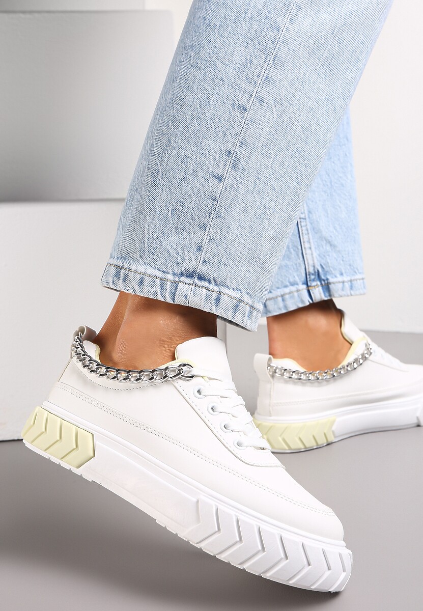 Biało-Żółte Sneakersy na Tłoczonej Platformie Ozdobione Łańcuchem Jaihini