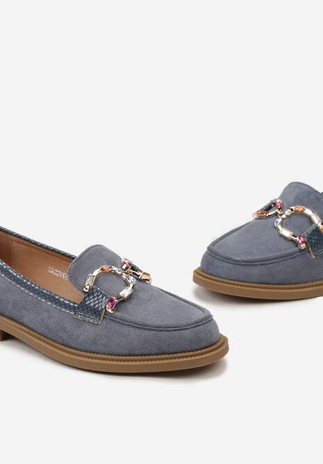 Niebieskie Mokasyny z Ozdobnym Tłoczeniem i Aplikacją z Mieniących się Kamieni Berxia
