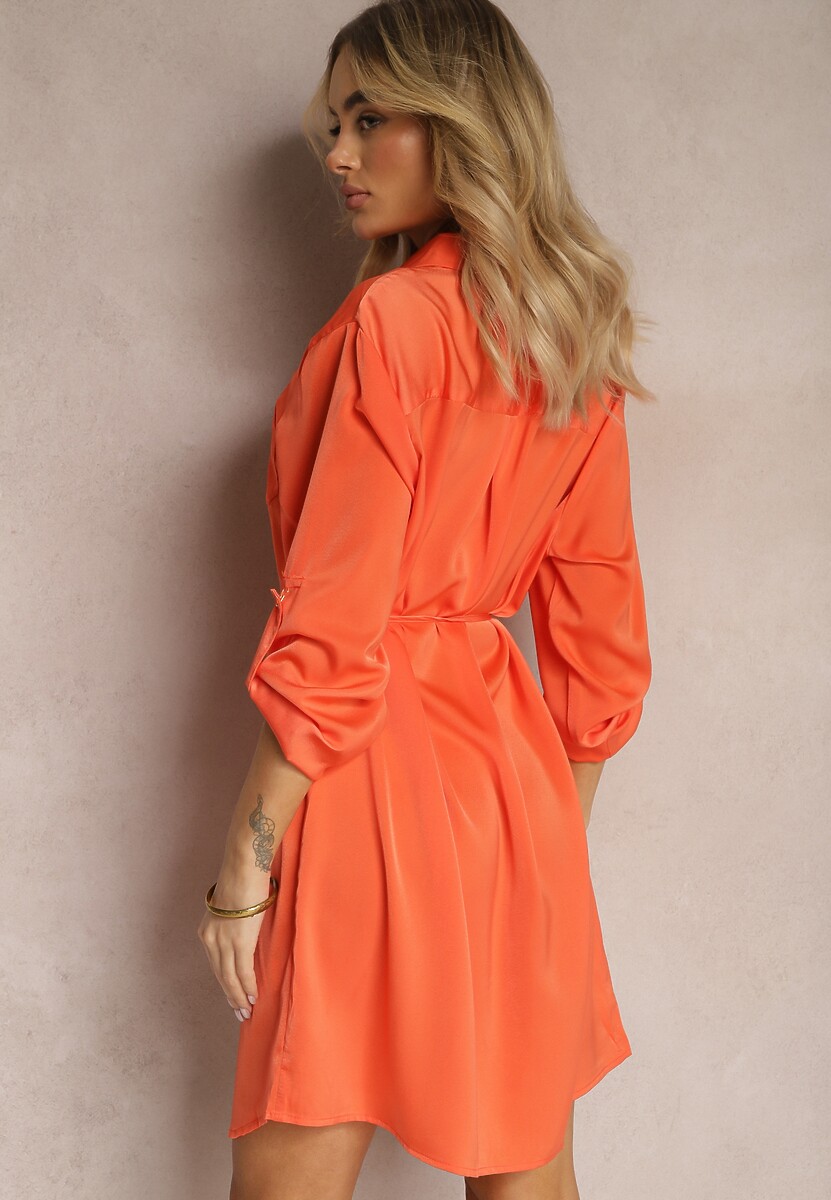 Pomarańczowa Satynowa Sukienka Mini Koszulowa z Materiałowym Paskiem Gwineres