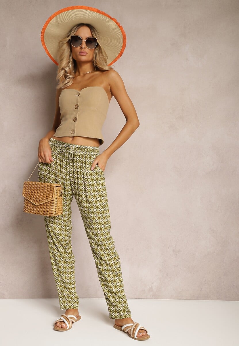 Ciemnozielone Spodnie z Wiskozy w Fantazyjny Print Innozentia