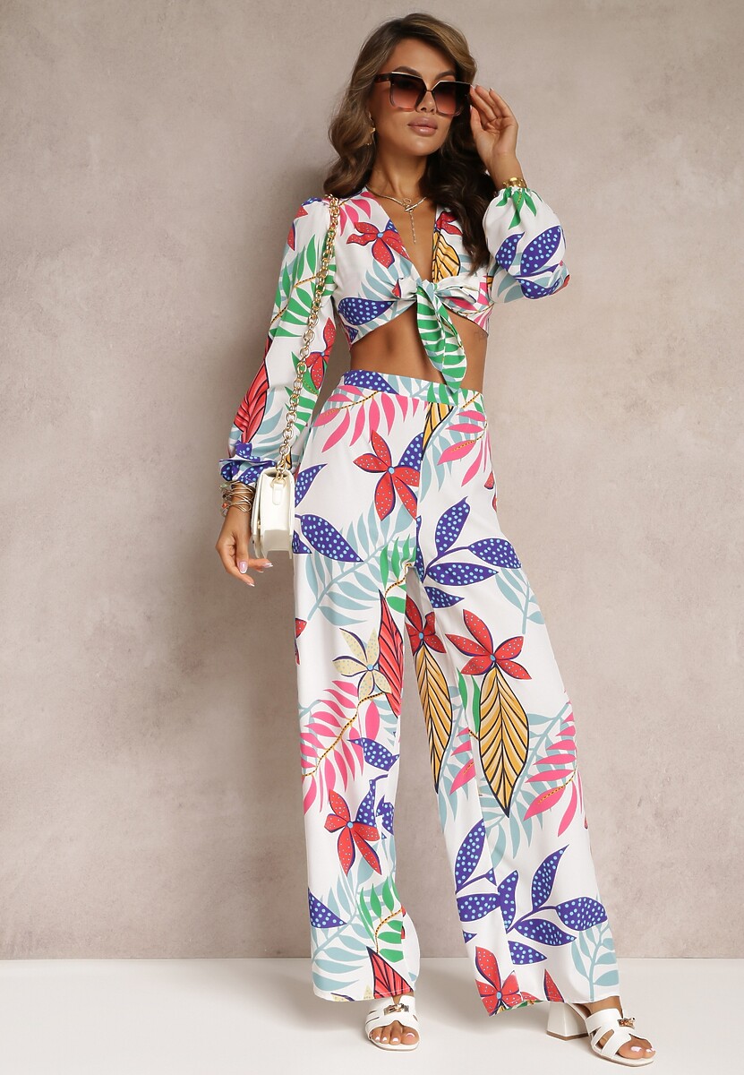 Biały 2-częściowy Komplet Bluzka z Ozdobnym Wiązaniem i Spodnie z Gumką w Pasie Francessa