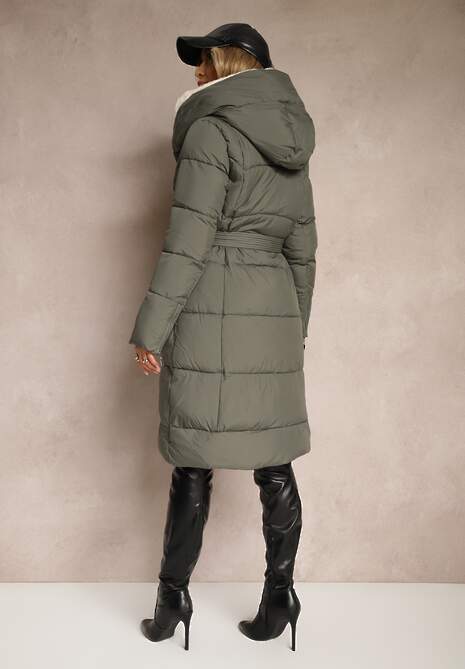 Zielona Długa Kurtka Pikowana z Kapturem Wiązana w Pasie Neanethra