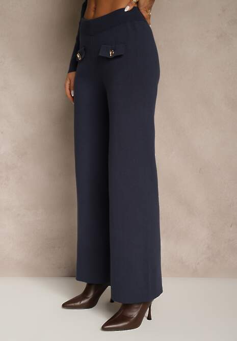 Granatowy Elegancki Komplet z Dzianiny z Wiskozą Kardigan i Spodnie Delinavea