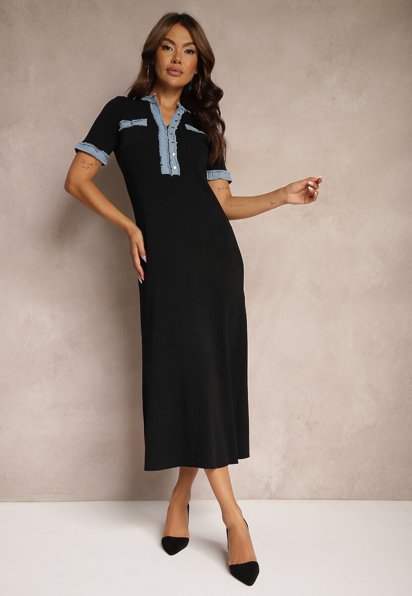 Czarna Trapezowa Sukienka z Wiskozą Ozdobiona Guzikami Nevtrea