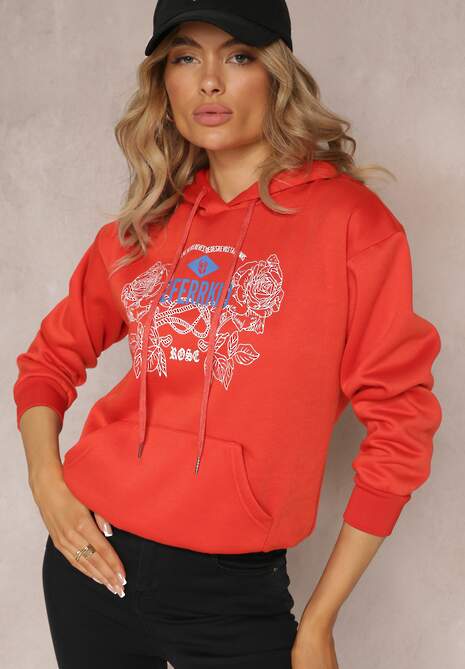 Pomarańczowa Modna Bluza z Nadrukiem i Kapturem Ozdobiona Nadrukiem Arinalu