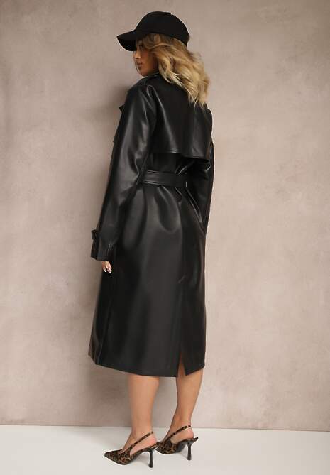 Czarny Płaszcz Trencz z Ekoskóry Wiązany w Pasie Ozdobiony Paskami Valentisha