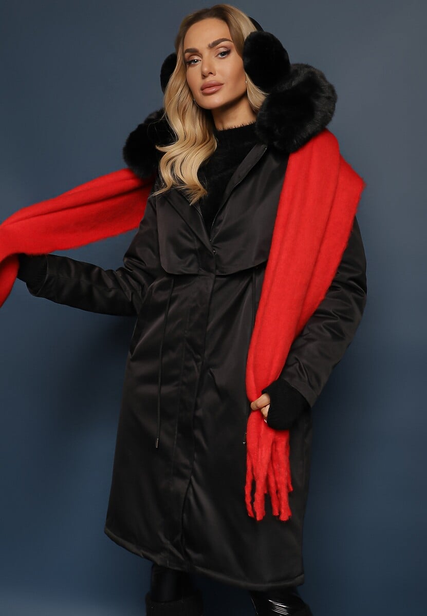 Zielona Kurtka Płaszcz ze Ściągaczem i Kapturem z Ozdobnym Futerkiem Livieya