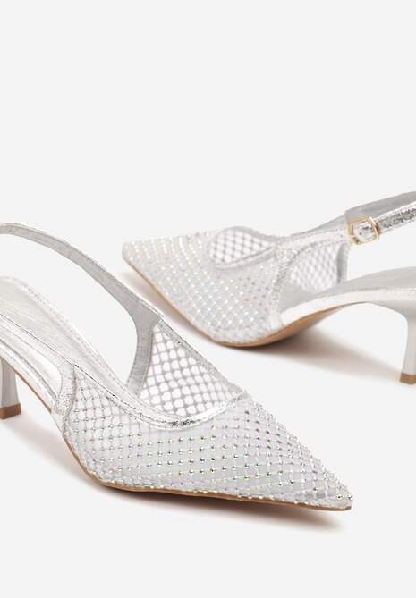 Srebrne Sandały na Kaczuszce z Noskiem w Szpic Zdobione Cyrkoniami Calotina