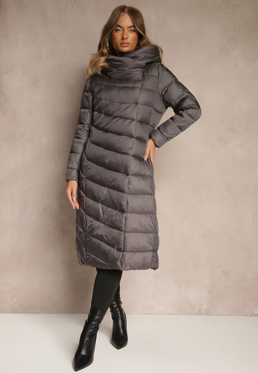 Czarna Długa Kurtka Płaszcz z Pikowaniem i Kapturem Tittonna