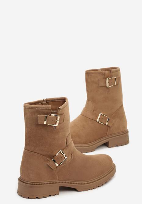 Brązowe Botki z Ekozamszu ze Stylowymi Klamrami i Paseczkami przy Cholewce Nevalune