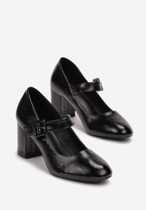Czarne Lakierowane Czółenka na Obcasie z Paskiem z Klamrą Tablione