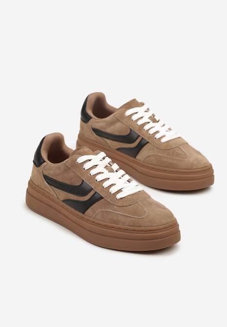 Brązowe Zamszowe Sneakersy Tenisówki Ozdobione Geometrycznym Motywem Nalivette