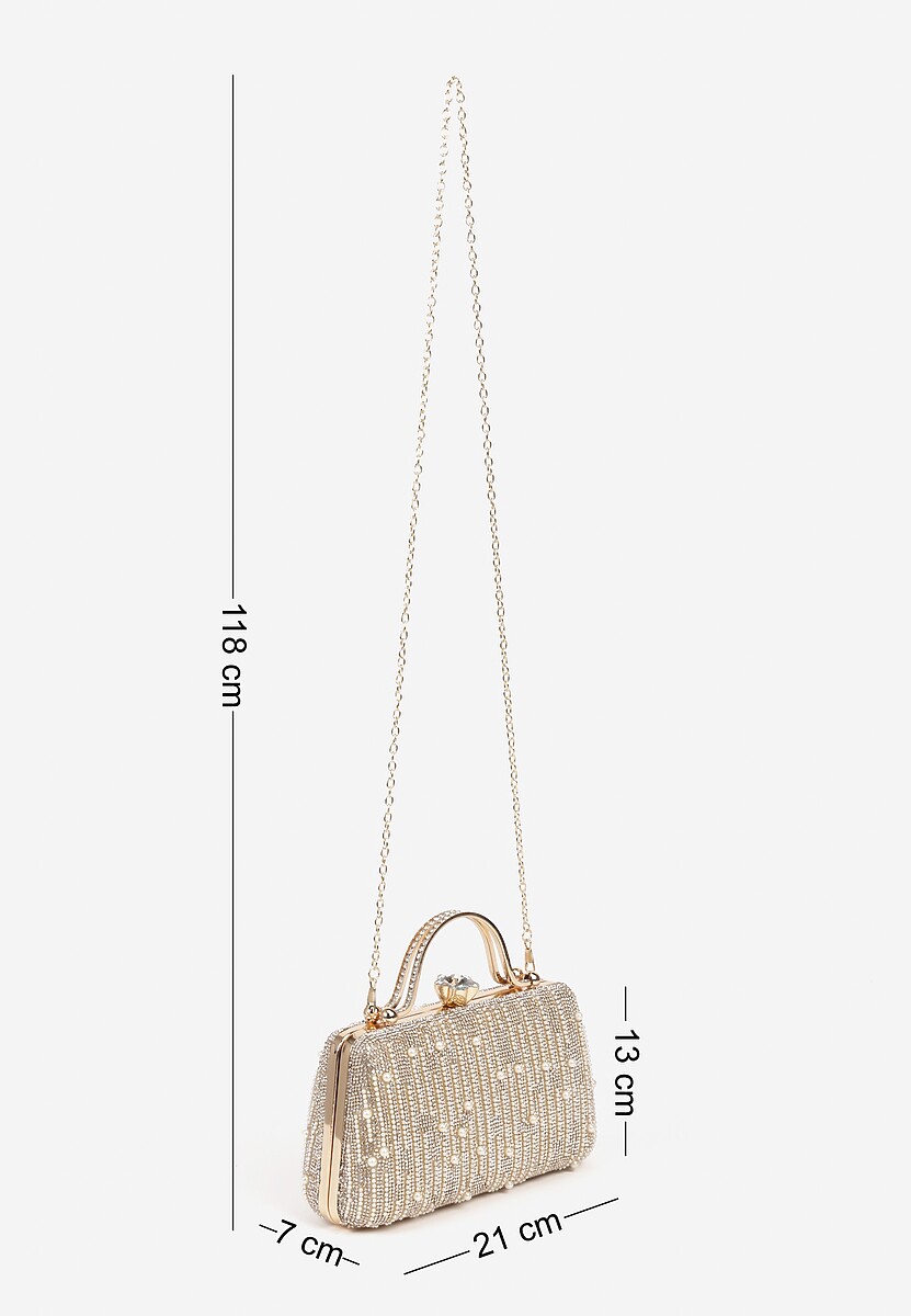 Złota Torebka Kopertówka Ozdobiona Perełkami i Cyrkoniami Fessurea