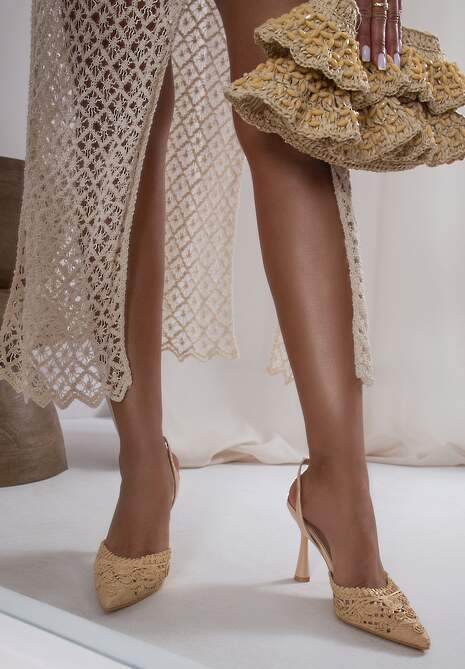 Beżowe Sandały Slingback na Klepsydrowej Szpilce ze Szpiczastym Noskiem z Plecionki Ucemia