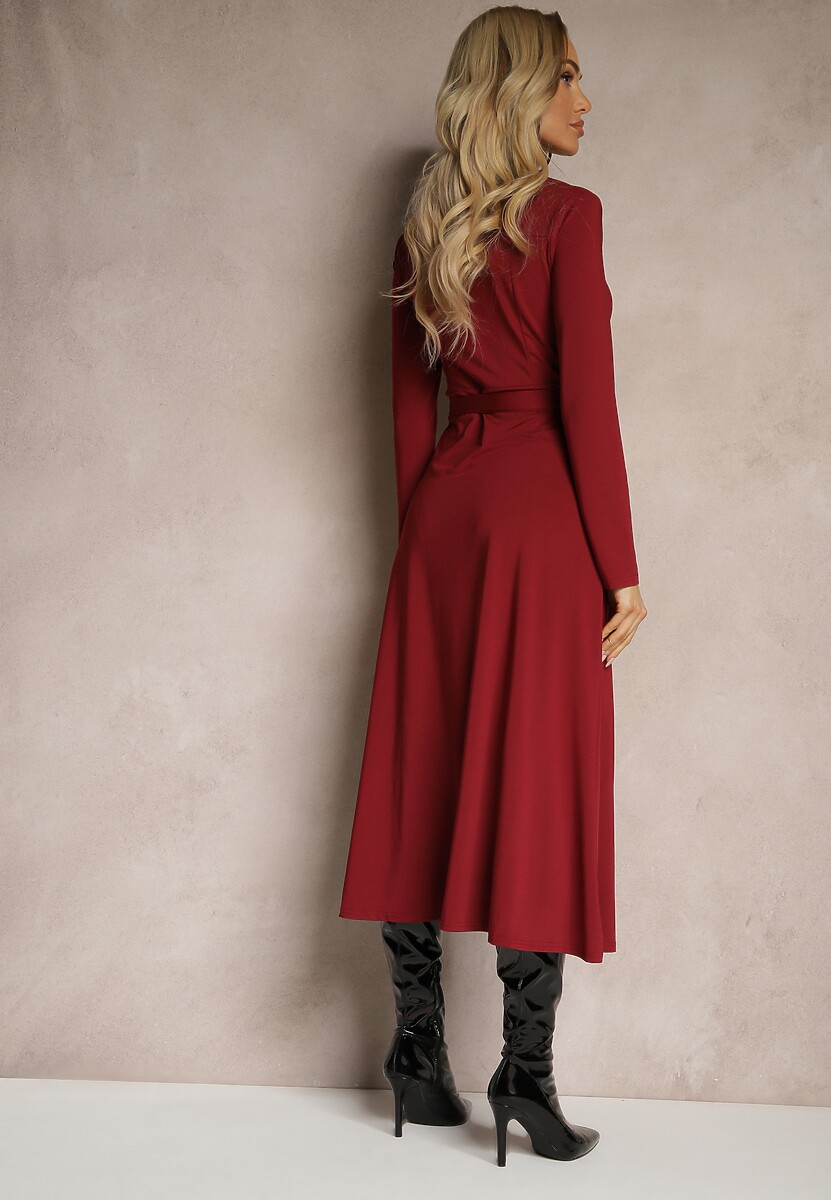 Bordowa Długa Sukienka Koszulowa z Wiązaniem w Talii Levae