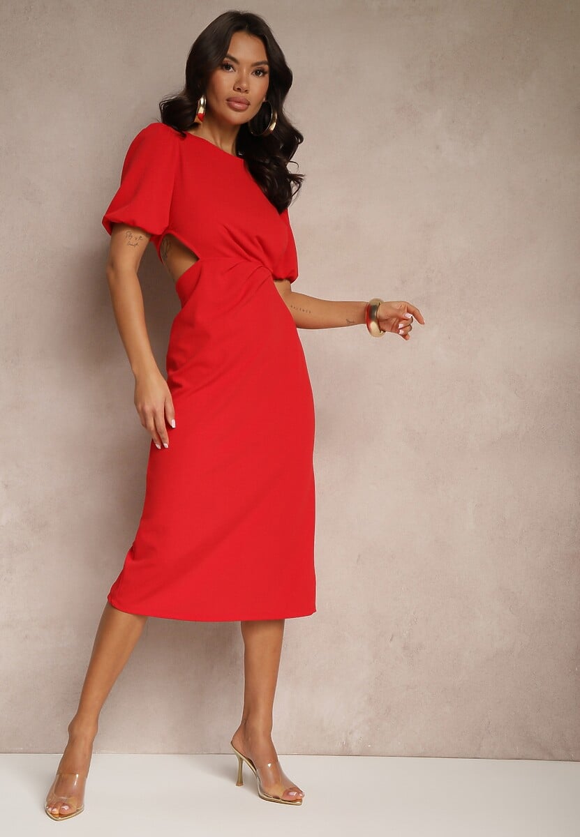 Czerwona Dopasowana Sukienka Zdobiona Marszczeniem i Wycięciem w Pasie Desariel