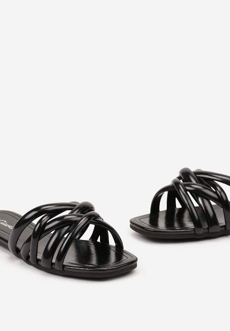 Czarne Płaskie Klapki Otwarte z Ozdobnymi Paskami Vemina