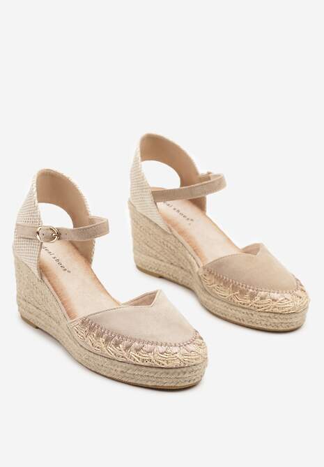 Ciemnobeżowe Sandały na Plecionym Koturnie w Typie Espadryli Nanissa