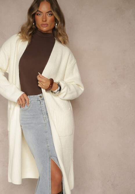 Jasnobeżowy Długi Kardigan Niezapinany z Bawełną Ferrive