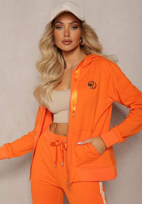 Pomarańczowa Bluza z Kapturem na Suwak z Metalową Aplikacją Jevase