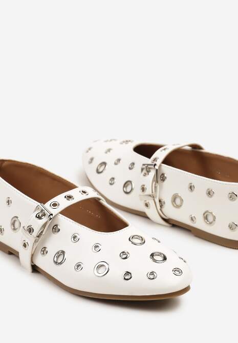 Białe Balerinki w Metalowe Okręgi ze Sprzączką Lialitte